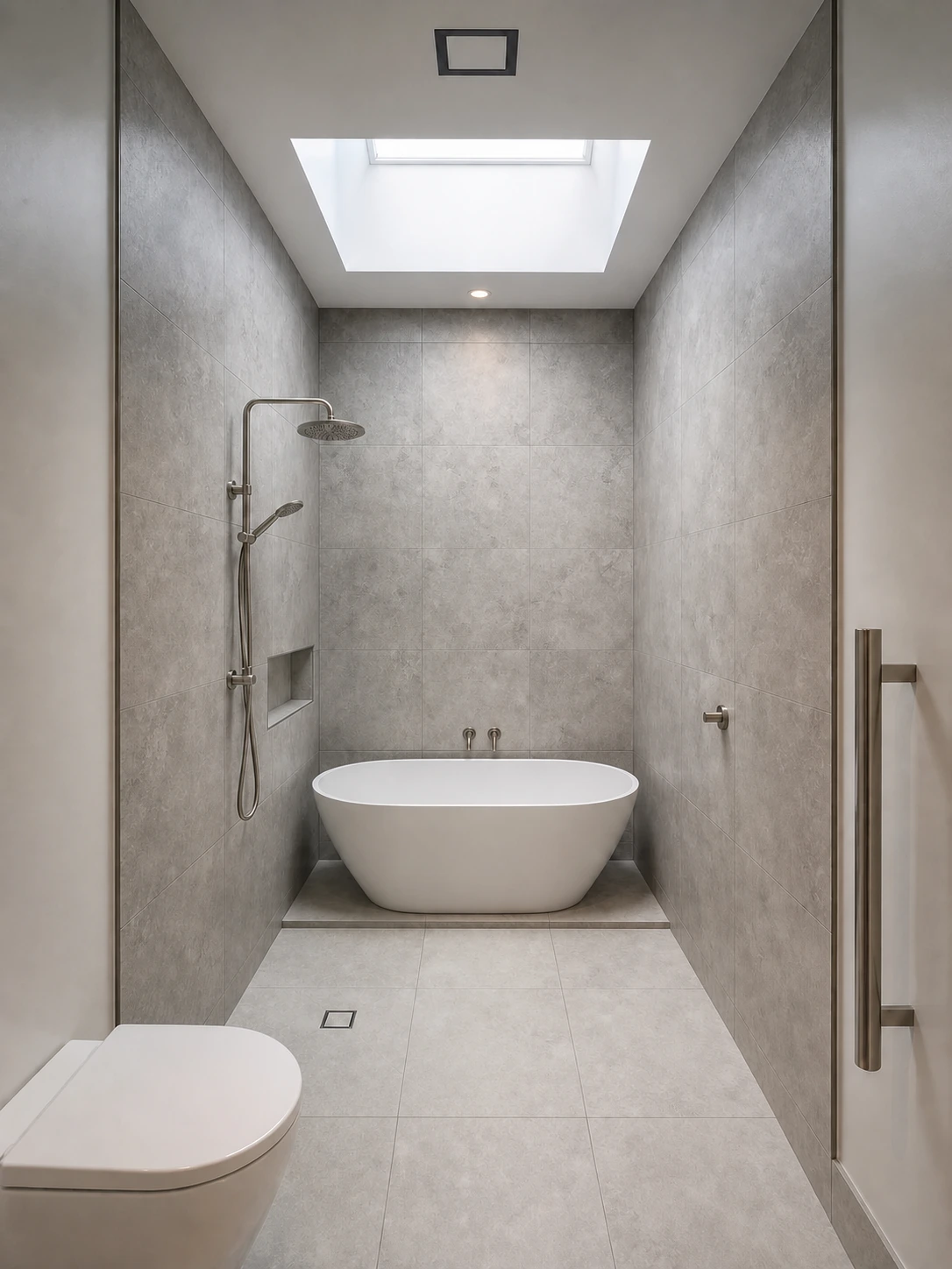 Grey tiled bathroom with bath, shower niche and glass screen