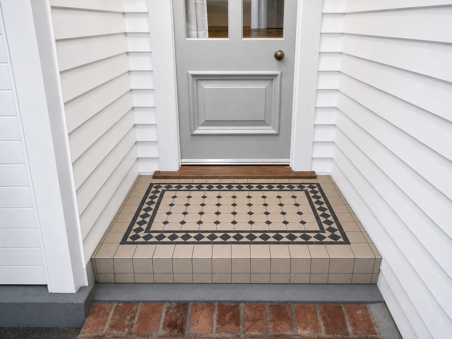 Patterned front entrance step tile detail