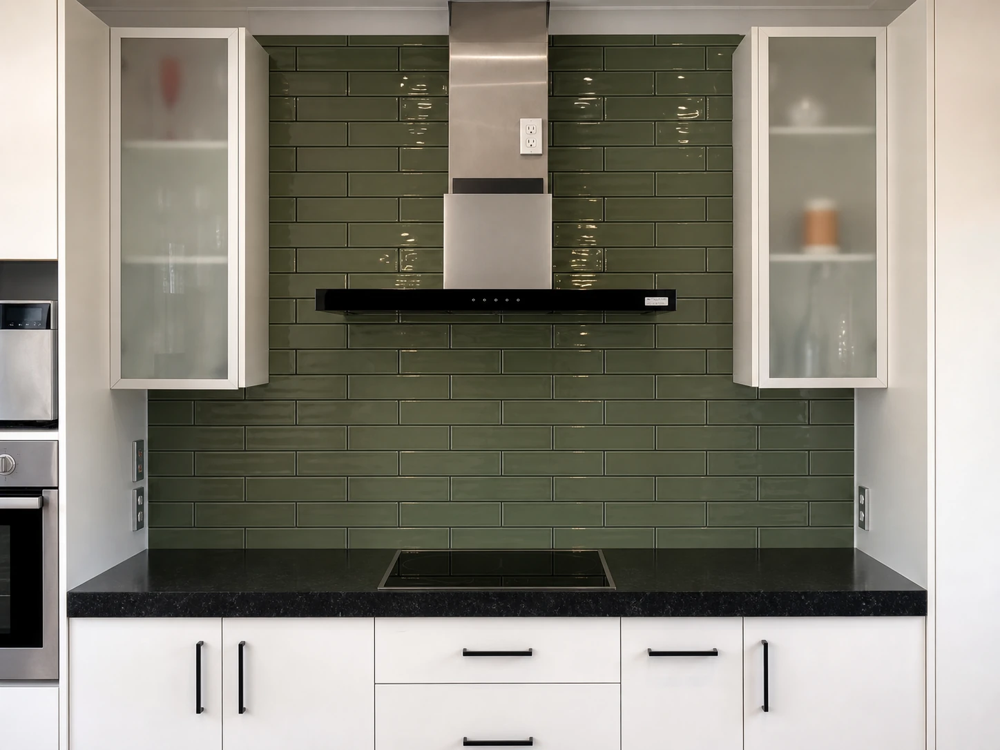 Green gloss subway tile kitchen splashback