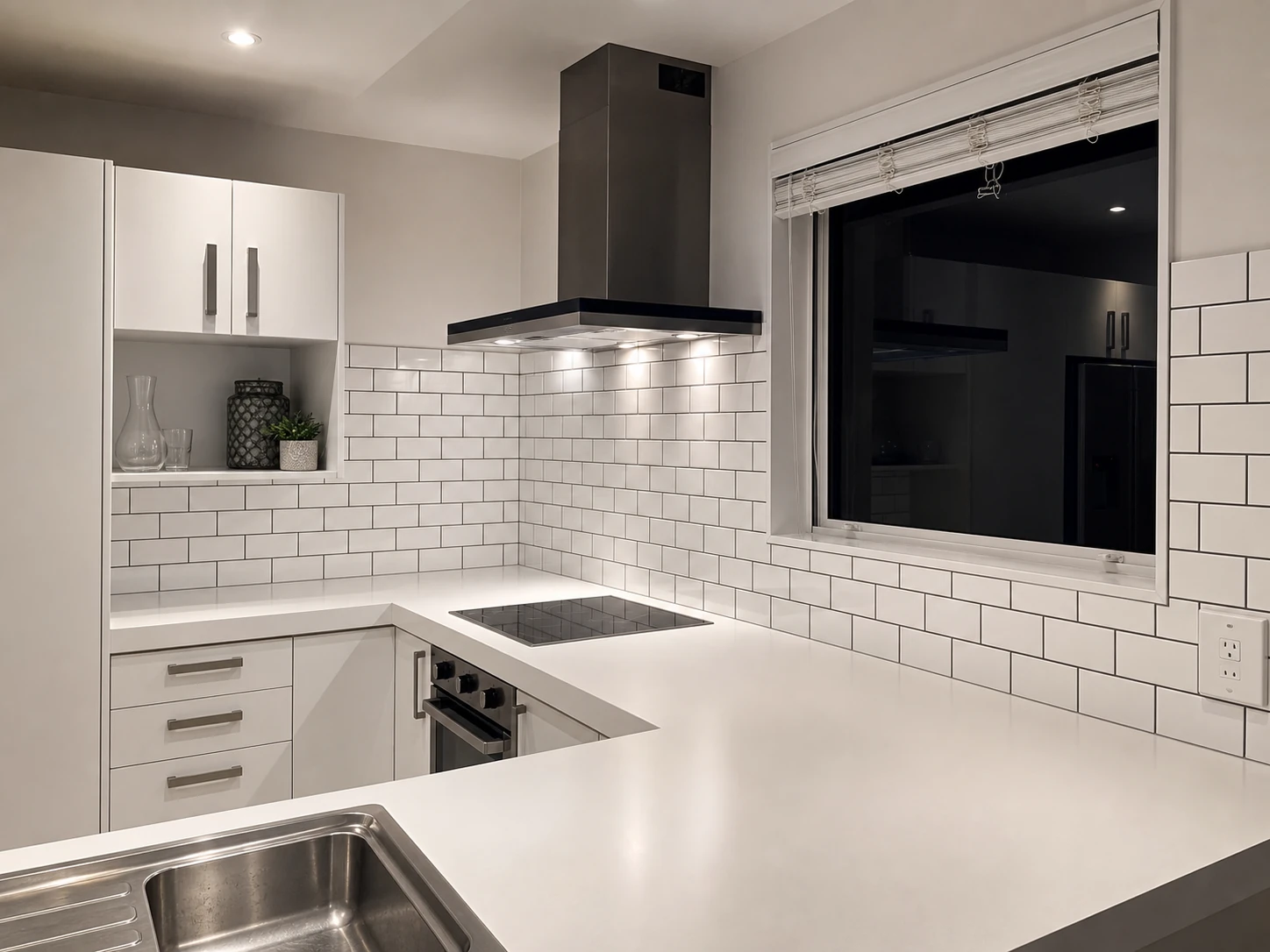 White subway tile kitchen splashback around a window