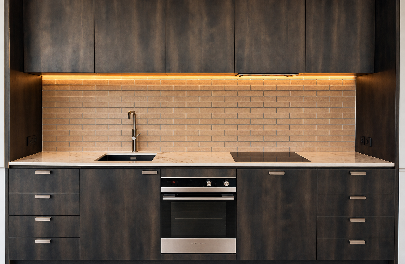 Modern kitchen splashback with precise tile layout and clean grout lines