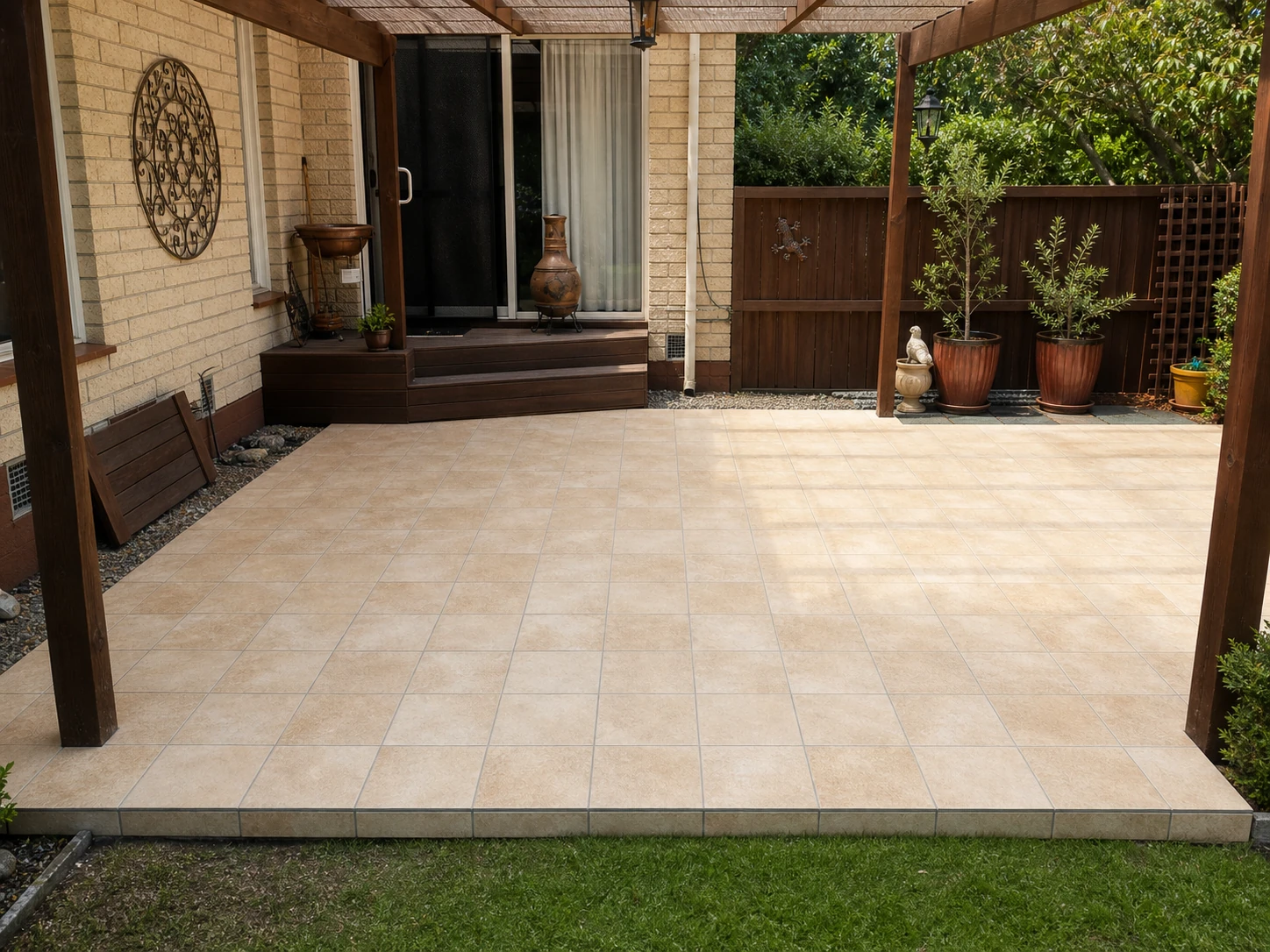 Cream tiled outdoor patio area